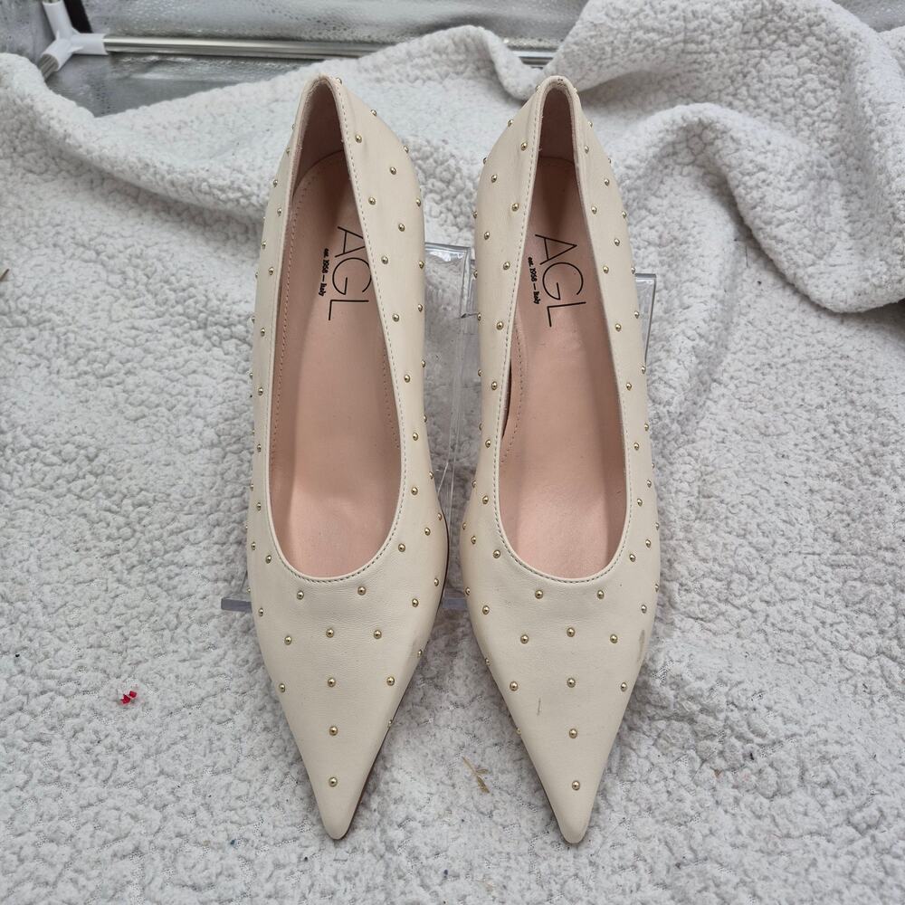 NEW AGL Lenor white leather stud kitten heels Women's Size 38.5 US 8.5
